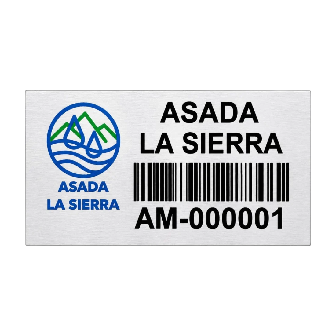 Placa de aluminio con adhesivo industrial montada en un activo